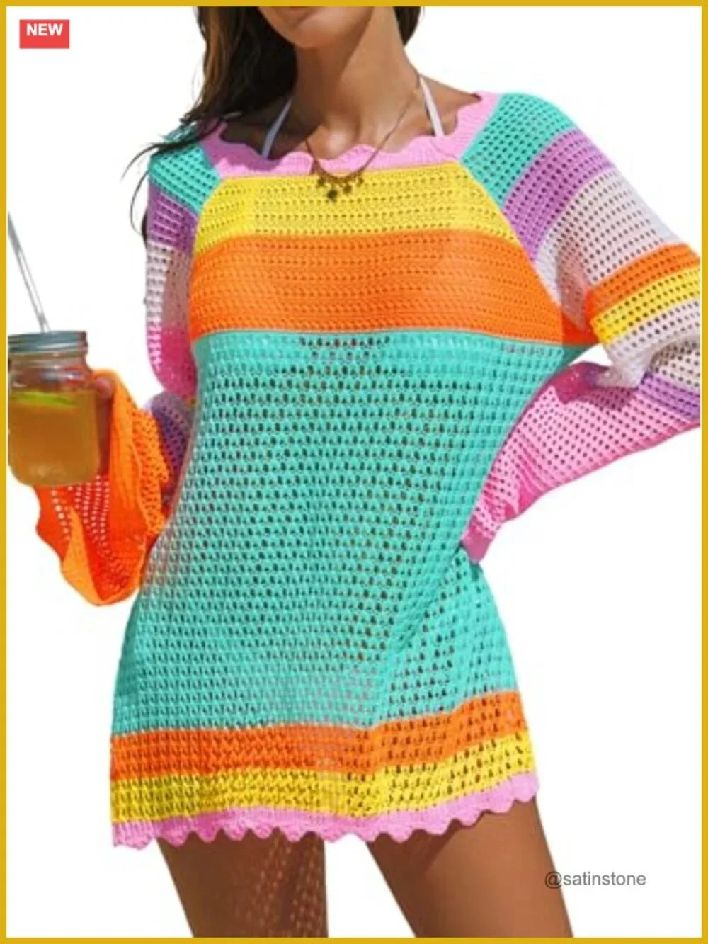 Crochet Swimsuit Cover Up Color Block Bathing Suit Coverup
